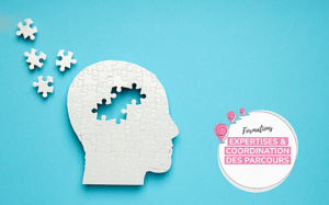Silhouette de tête en puzzle dont des pièces se détachent