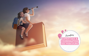 Illustration d'enfants voyageant sur un livre volant, l'un regardant dans une longue-vue