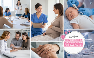 Mosaïque de photos autour de la périnatalité : femme enceinte, nouveau-né, consultations